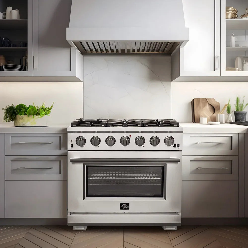 Forno Capriasca 36 in. 5.36 cu. ft. Professional Freestanding Gas Range with Gas Cooktop and Gas Oven (FFSGS6260-36) in a modern kitchen setting