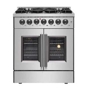 Forno Galiano 30 in. 4.32 cu. ft. French Door Freestanding Dual Fuel Range with Gas Cooktop and Electric Oven in Stainless Steel (FFSGS6356-30) main image.