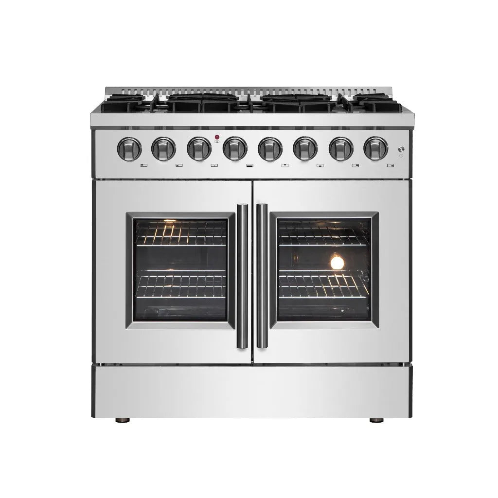 Forno Galiano 36 in. 5.36 cu. ft. French Door Freestanding Dual Fuel Range with Gas Cooktop and Electric Oven in Stainless Steel (FFSGS6356-36) main image.