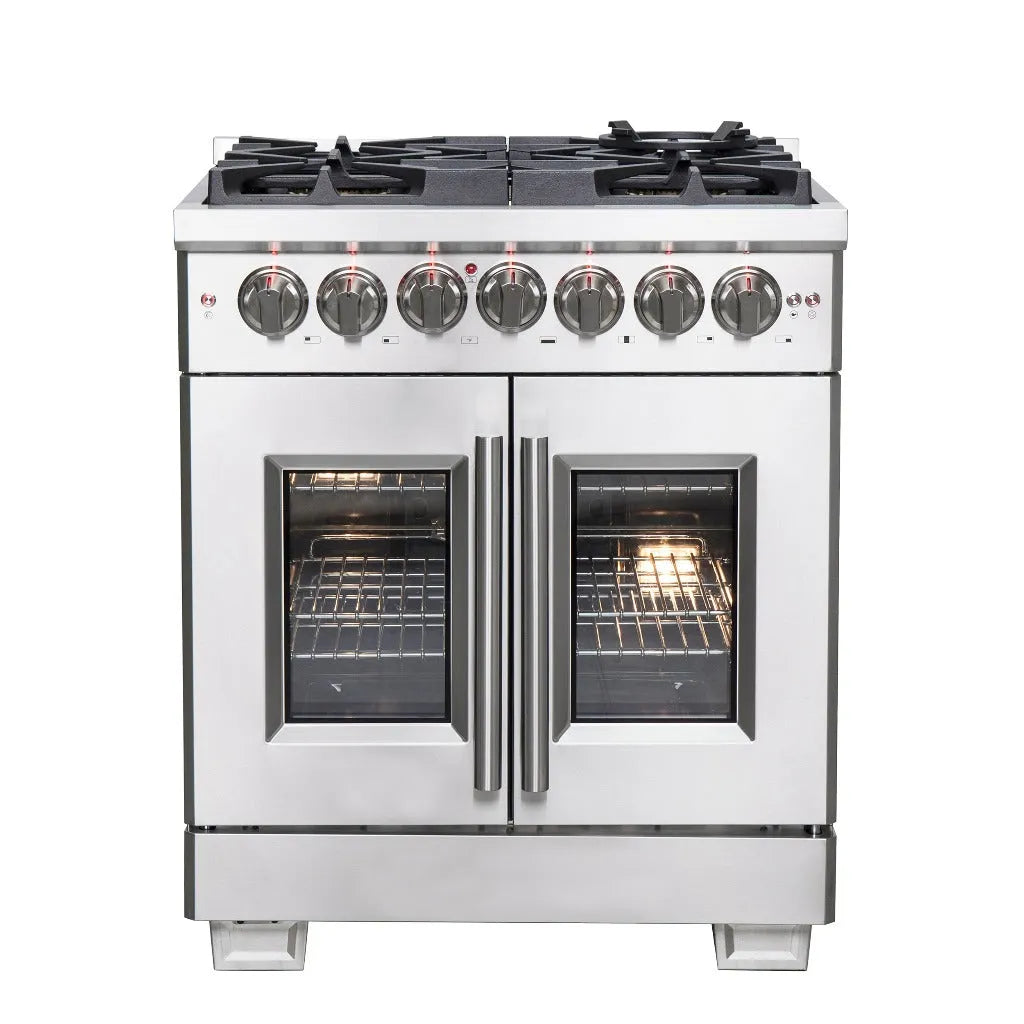 Forno Capriasca 30 in. 4.32 cu. ft. French Door Freestanding Dual Fuel Range with Gas Cooktop and Electric Oven in Stainless Steel (FFSGS6387-30) main image.