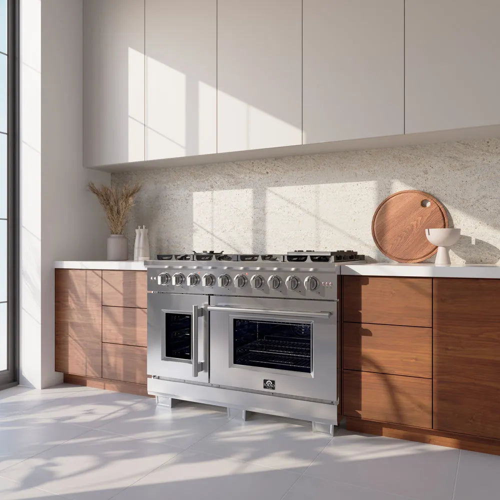 Forno Capriasca 48 in. 6.58 cu. ft. Left Swing Door Freestanding All Gas Range with Double Oven in Stainless Steel (FFSGS6460-48) in a modern kitchen with wooden cabinets.