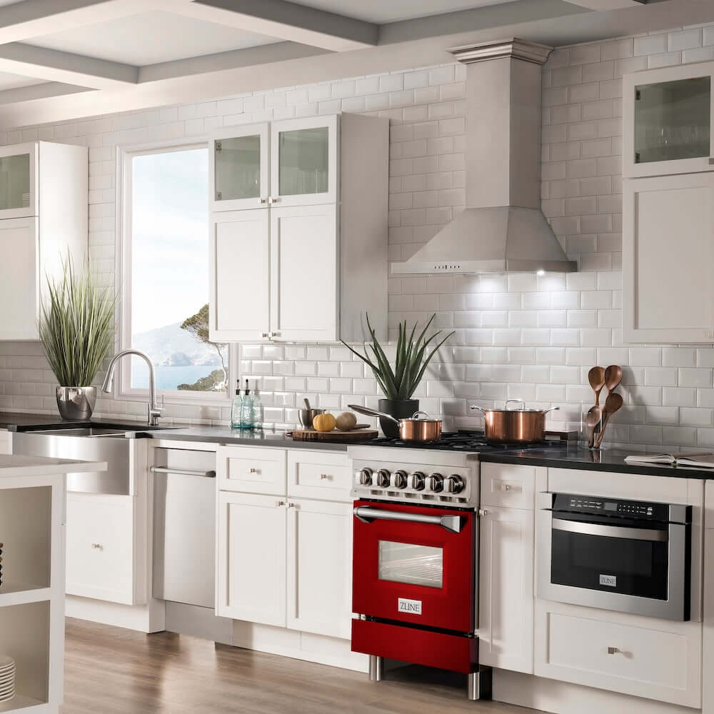 ZLINE 24 in. 2.8 cu. ft. Legacy Dual Fuel Range with 4 Burner Gas Cooktop and Electric Convection Oven in Stainless Steel and Red Gloss Door (RA-RG-24) in a luxury kitchen with matching appliances.