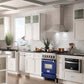 ZLINE 24 in. 2.8 cu. ft. Legacy Dual Fuel Range with 4 Burner Gas Cooktop and Electric Convection Oven in Stainless Steel and Blue Matte Door (RA-BM-24) in a luxury kitchen with matching appliances.