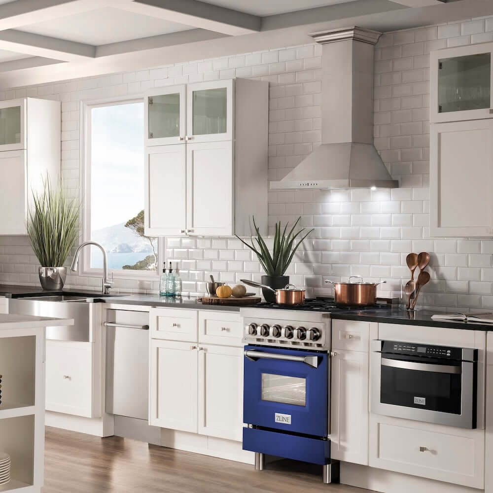 ZLINE 24 in. 2.8 cu. ft. Legacy Dual Fuel Range with 4 Burner Gas Cooktop and Electric Convection Oven in Stainless Steel and Blue Matte Door (RA-BM-24) in a luxury kitchen with matching appliances.