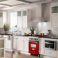 ZLINE 24 in. 2.8 cu. ft. Legacy Dual Fuel Range with 4 Burner Gas Cooktop and Electric Convection Oven in Stainless Steel and Red Matte Door (RA-RM-24) in a luxury kitchen with matching appliances.