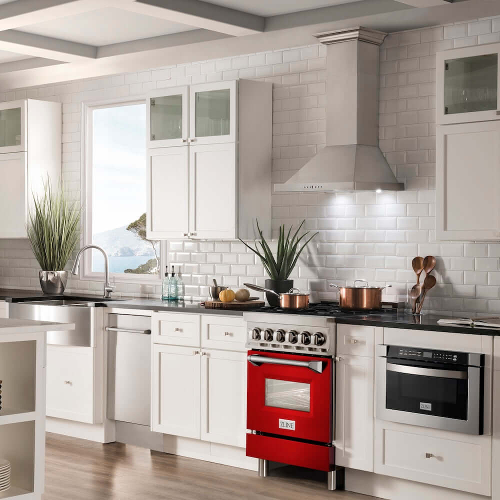 ZLINE 24 in. 2.8 cu. ft. Legacy Dual Fuel Range with 4 Burner Gas Cooktop and Electric Convection Oven in Stainless Steel and Red Matte Door (RA-RM-24) in a luxury kitchen with matching appliances.