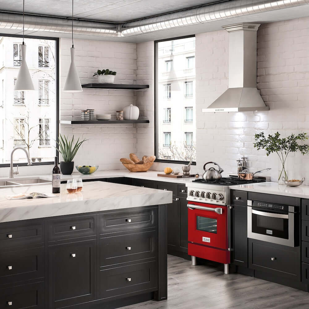 ZLINE 24 in. 2.8 cu. ft. Dual Fuel Range with Gas Stove and Electric Oven in Stainless Steel and Red Matte Door (RA-RM-24) in a luxury modern-style compact kitchen from side.