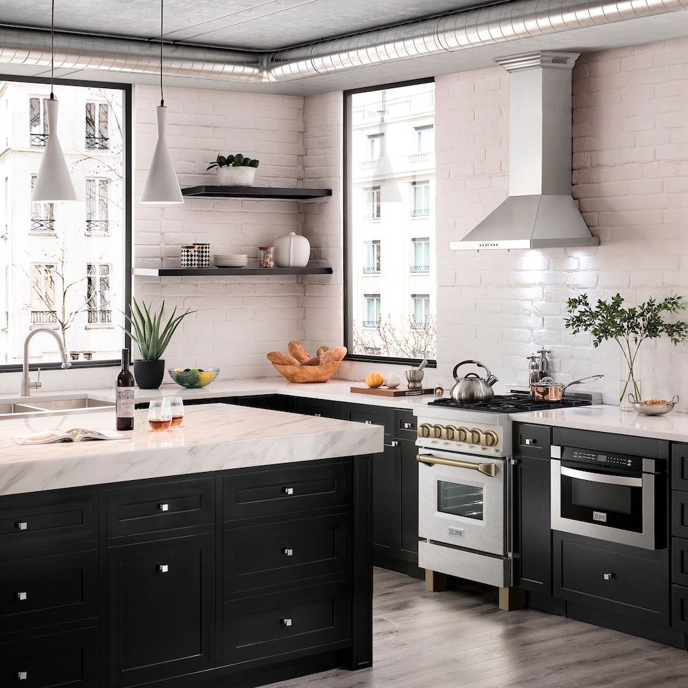 ZLINE Autograph Edition 24 in. 2.8 cu. ft. Legacy Dual Fuel Range with 4 Burner Gas Cooktop and Electric Convection Oven in Satin Stainless Steel and Champagne Bronze Accents, Open Box-Good Condition