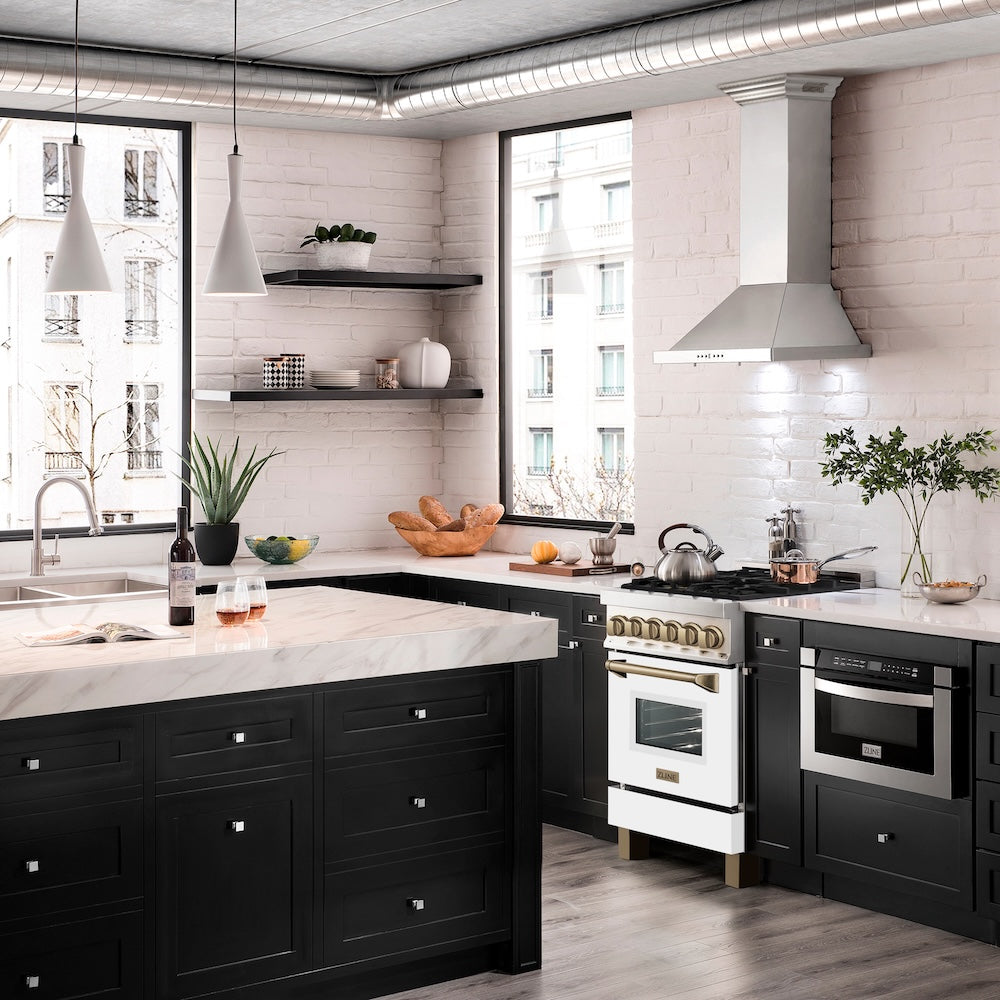 ZLINE Autograph Edition 24 in. 2.8 cu. ft. Legacy Dual Fuel Range with 4 Burner Gas Cooktop and Electric Convection Oven in Stainless Steel with White Matte Door and Champagne Bronze Accents, Open Box-Good Condition