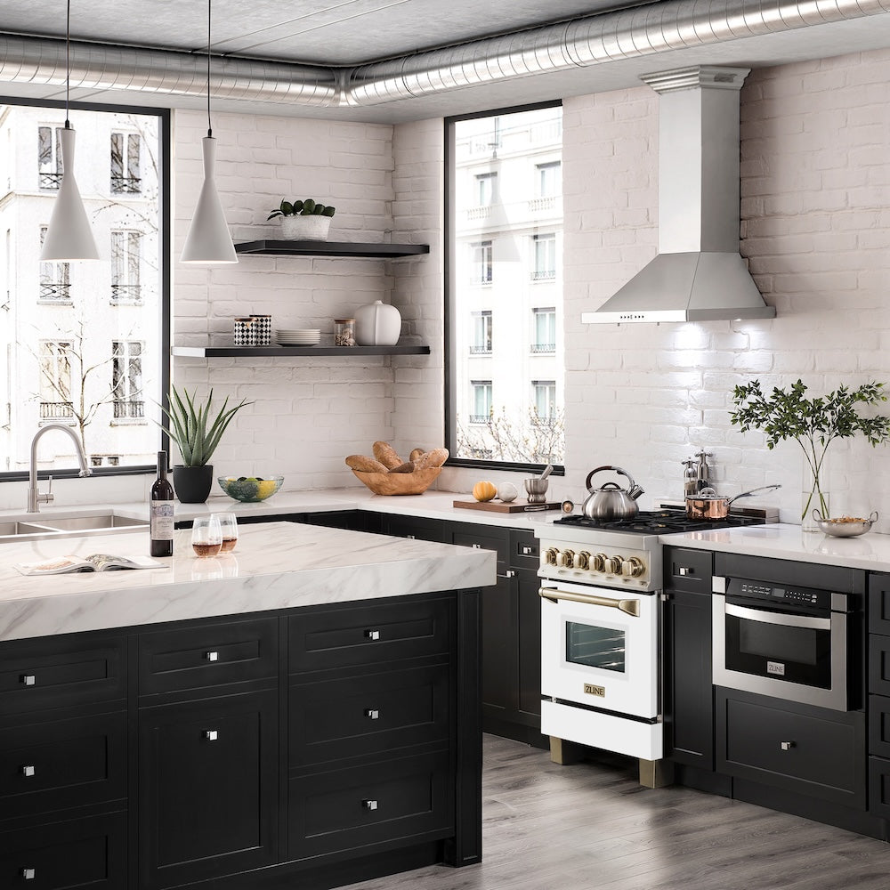 ZLINE Autograph Edition 24 in. 2.8 cu. ft. Legacy Dual Fuel Range with 4 Burner Gas Cooktop and Electric Convection Oven in Stainless Steel with White Matte Door and Polished Gold Accents, Open Box-Good Condition