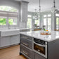 ZLINE Drink Faucet with Color Options (FBV) Chrome in a farmhouse-style kitchen with grey cabinets and marble countertops.