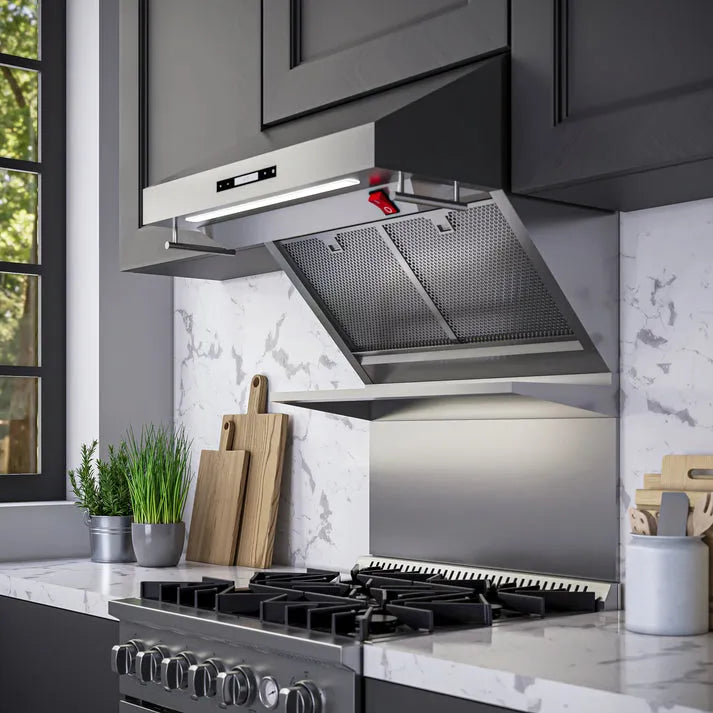 Forno Savona 30 in. Wall Mount Range Hood with Backsplash with Red Light Warmer and Shelf (FRHWM5029-30HB) in a modern kitchen with stainless steel  stove