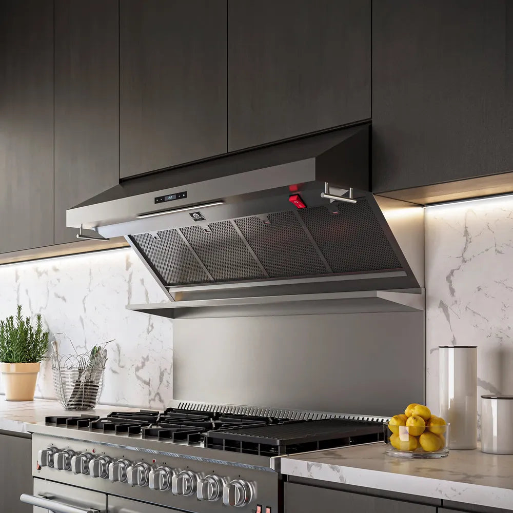 Forno Savona 48 in. Wall Mount Range Hood an Back Splash with Red Warming Light in Stainless Steel (FRHWM5029-48HB) in a modern kitchen.