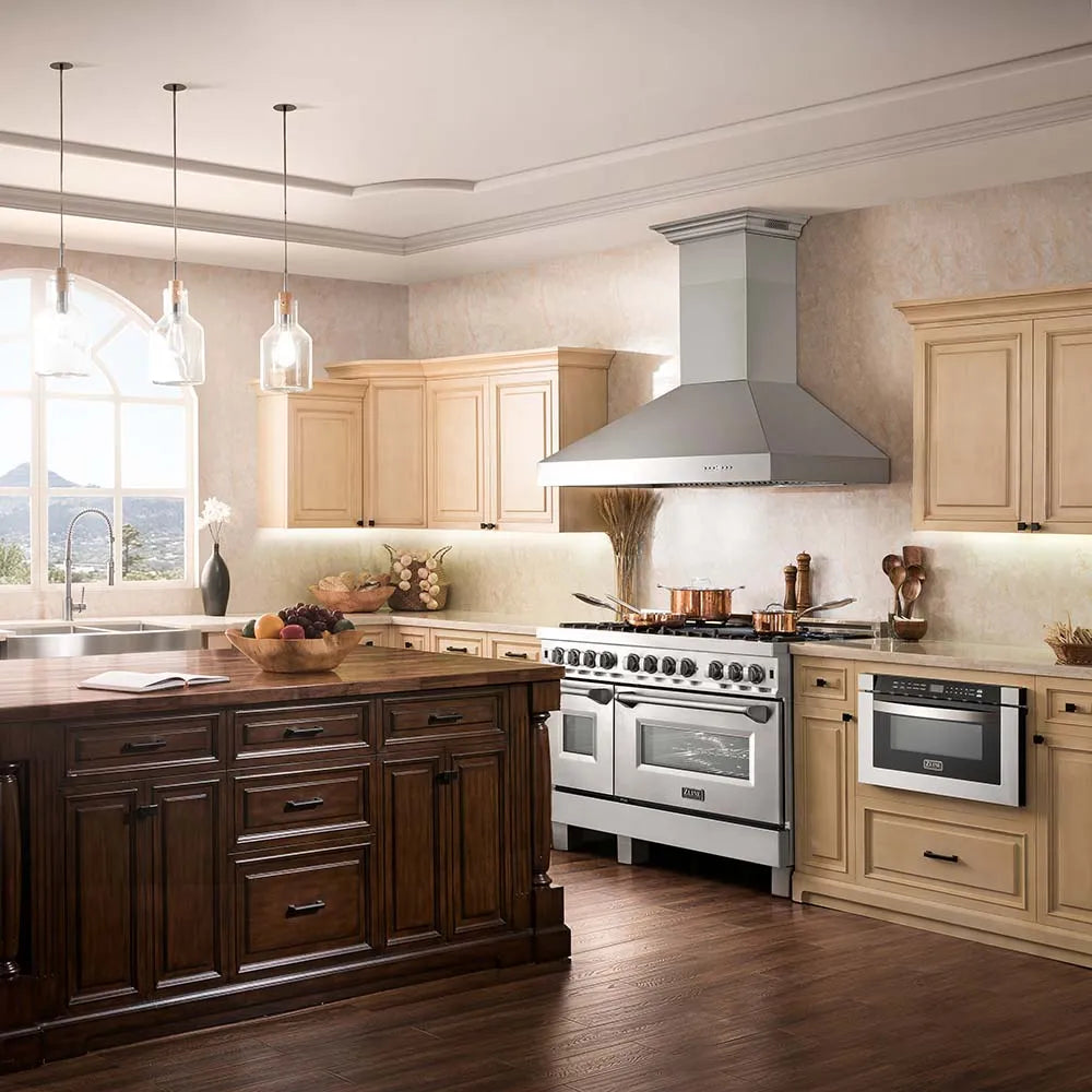 ZLINE stainless steel appliances in wooden farmhouse kitchen.
