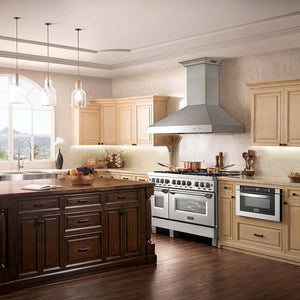 ZLINE stainless steel appliances in wooden farmhouse kitchen.