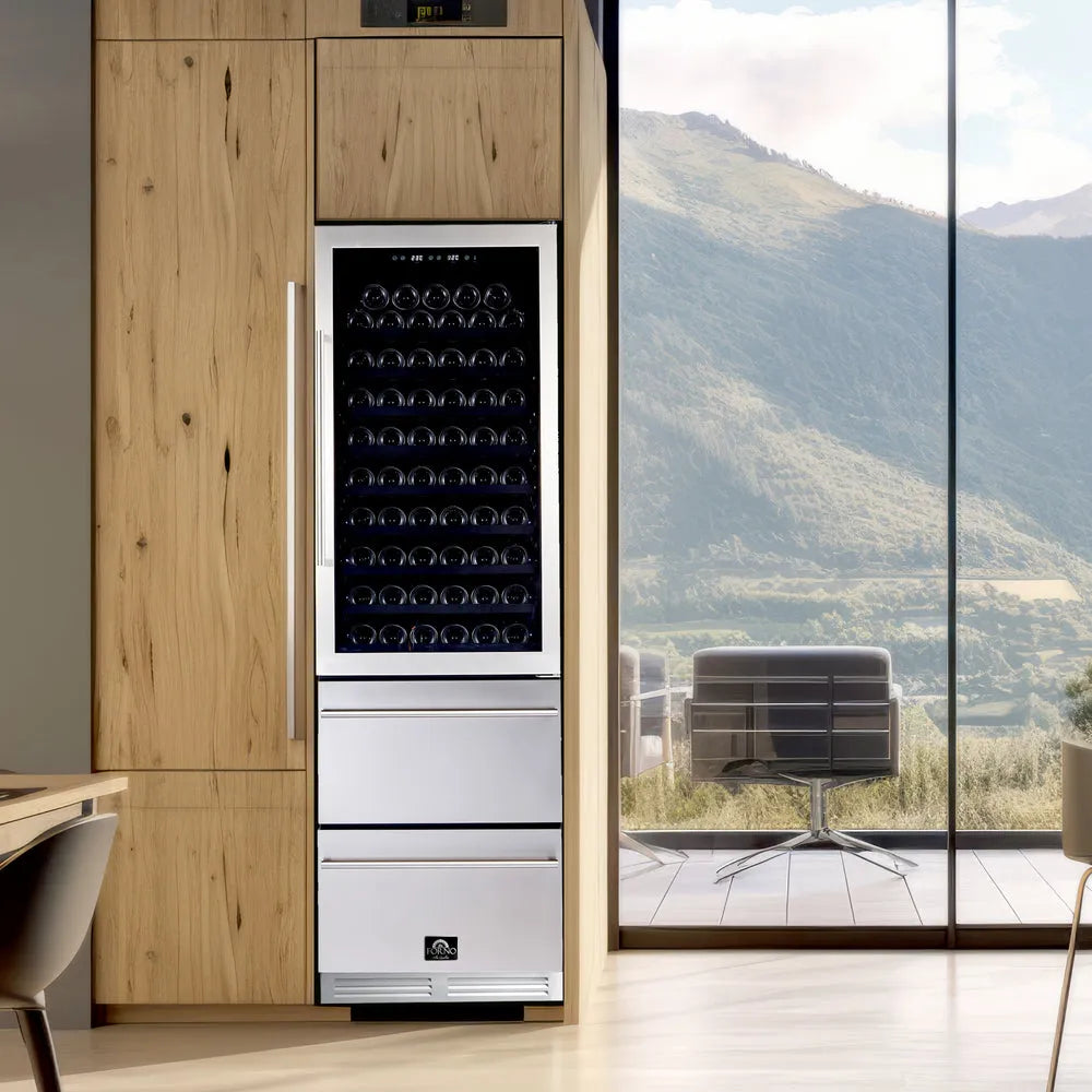 Forno Azienda 24 in. Dual Zone Wine Cellar 6.25 cu. ft.- 108 Bottle  (FWCDR6628-24S) in a modern kitchen with a mountain view
