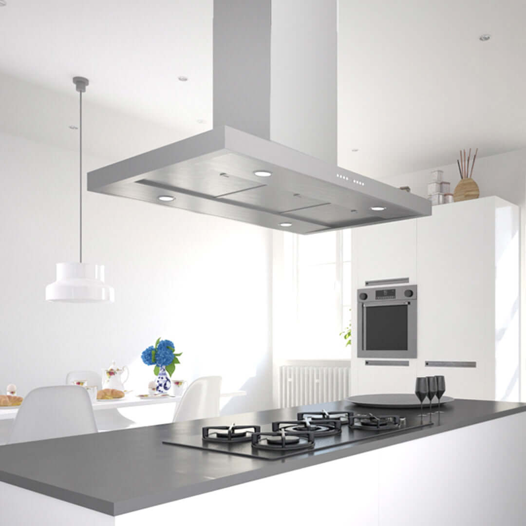 Faber Bella Isola Island Mount Range Hood with Size Options in Stainless Steel 