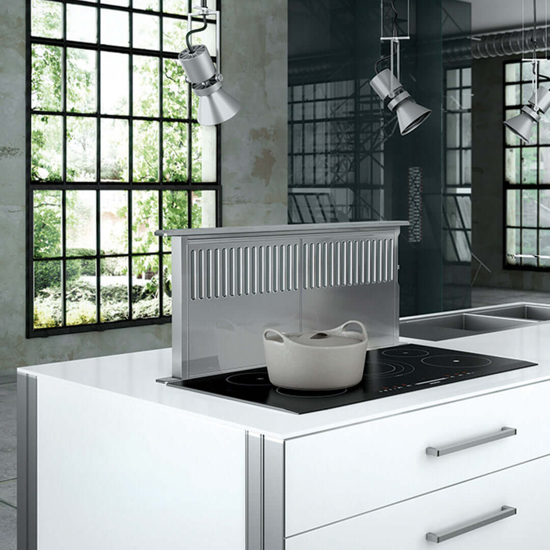 Faber Scirocco Plus Downdraft Range Hood installed into modern kitchen island