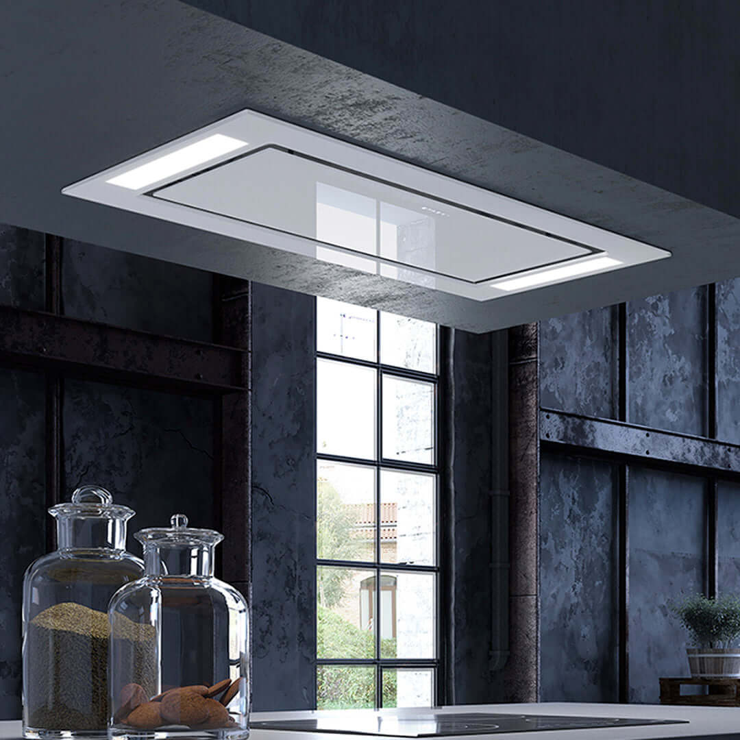 Faber Stratus Isola White Glass Ceiling Mount Island Range Hood With Size Options 