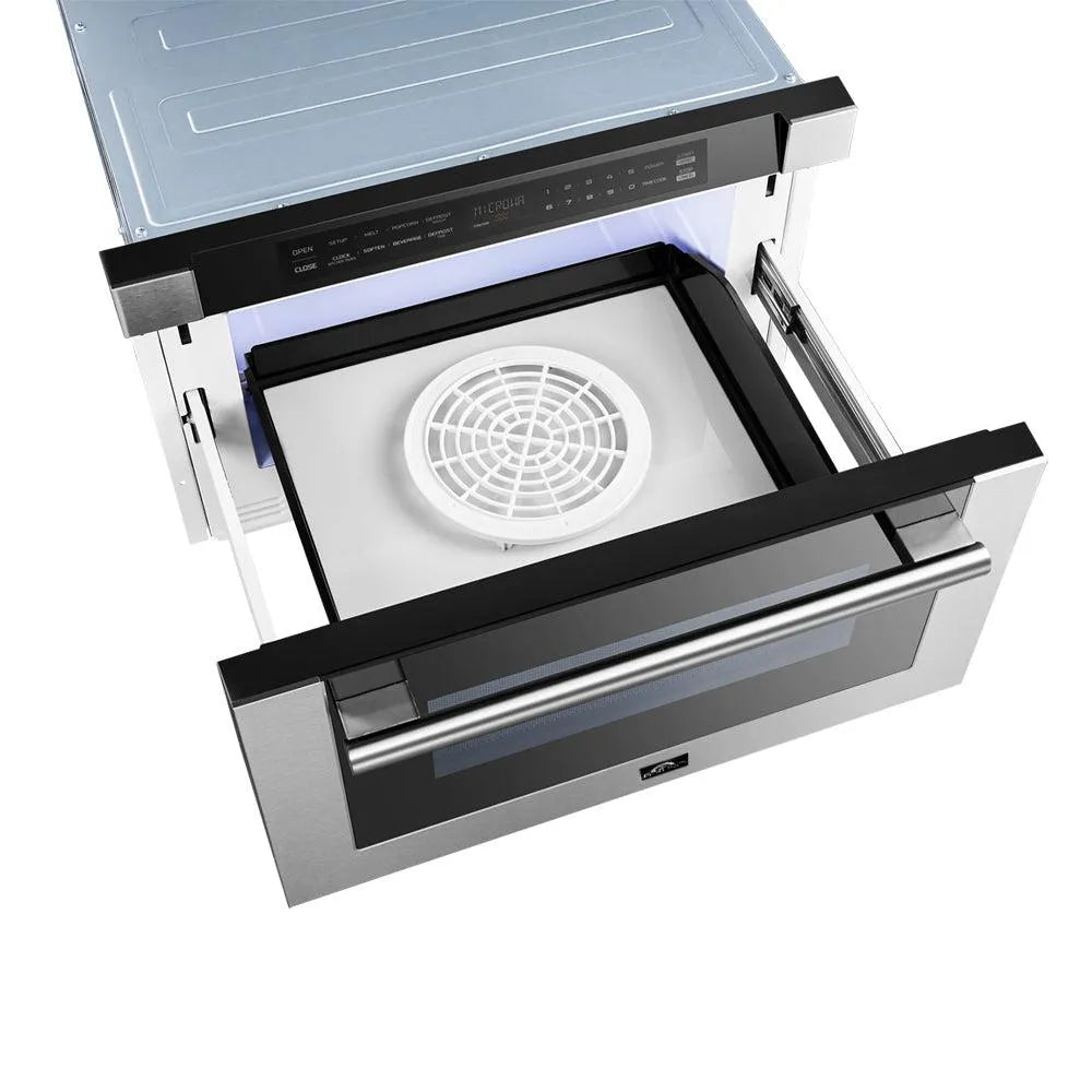 Forno 24 in. 1.2 cu. ft. Built-In Microwave Drawer in Stainless Steel (FMWDR3000-24) above, open.