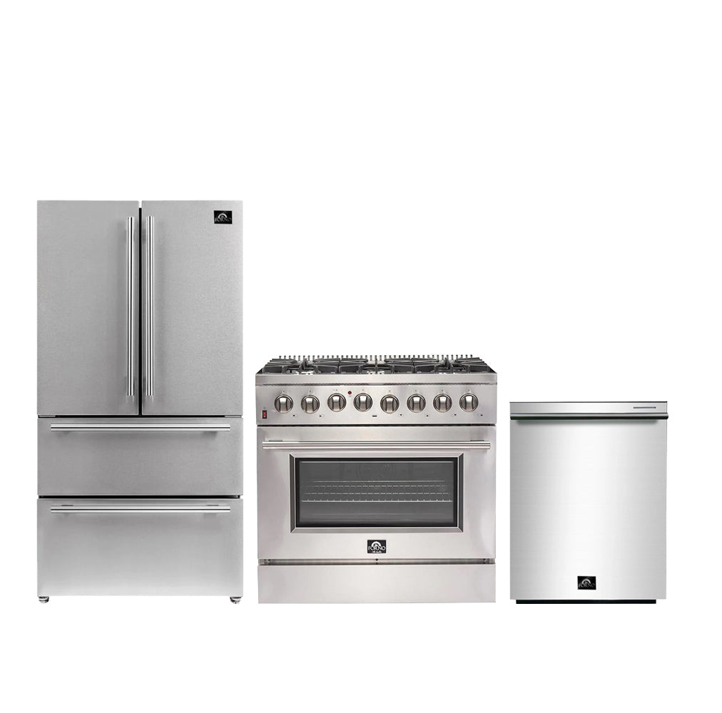 Forno 3-Piece Kitchen Appliance Package Stainless Steel with 36 in. Refrigerator and 36 in. All Gas Range and 24 in. Tall Tub Dishwasher in Stainless Steel