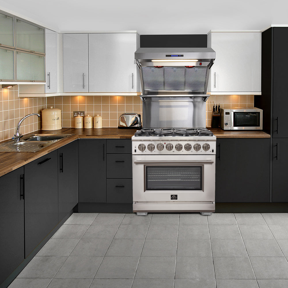 Forno 36 in. All Gas Range in a kitchen with range hood.