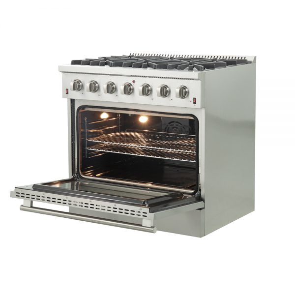 Forno 36 in. All Gas Range side with oven door open and light activated.