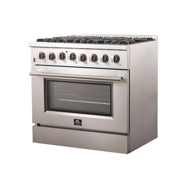 Forno 36 in. Dual Fuel Range side angle.