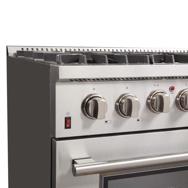 Forno 36 in. Dual Fuel Range cooktop grates and knobs.