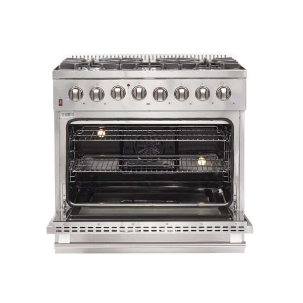 Forno 36 in. Dual Fuel Range front with oven door open.