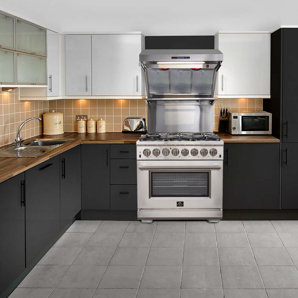 Forno 36 in. Dual Fuel Range in a kitchen with matching range hood.