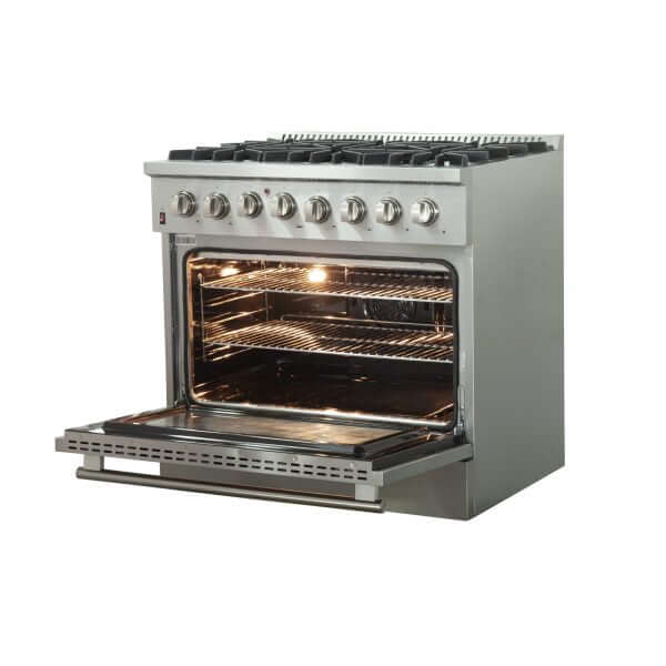 Forno 36 in. Dual Fuel Range side angle with oven door open and light on.