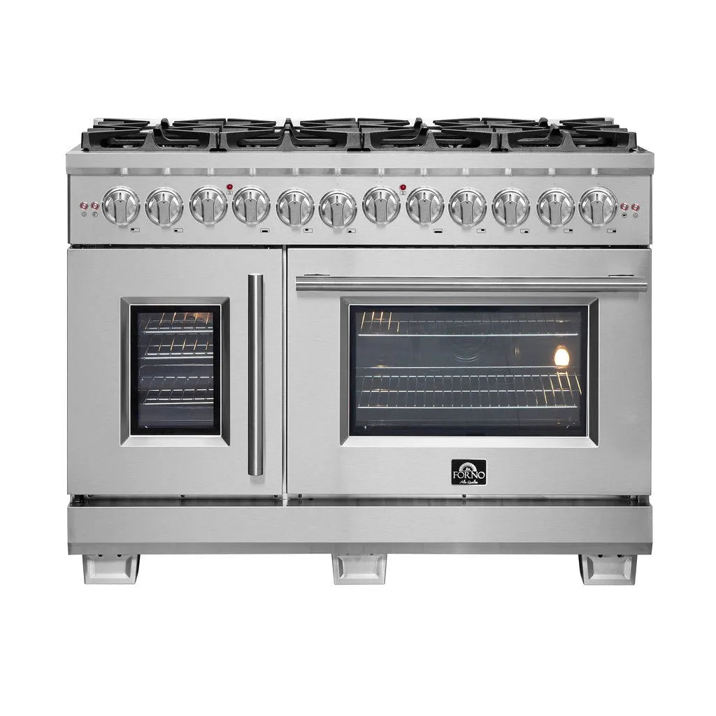 Forno Capriasca 48 in. 6.58 cu. ft. Left Swing Door Freestanding Dual Fuel Range with Gas Cooktop and Double Electric Oven in Stainless Steel (FFSGS6387-48) main image.