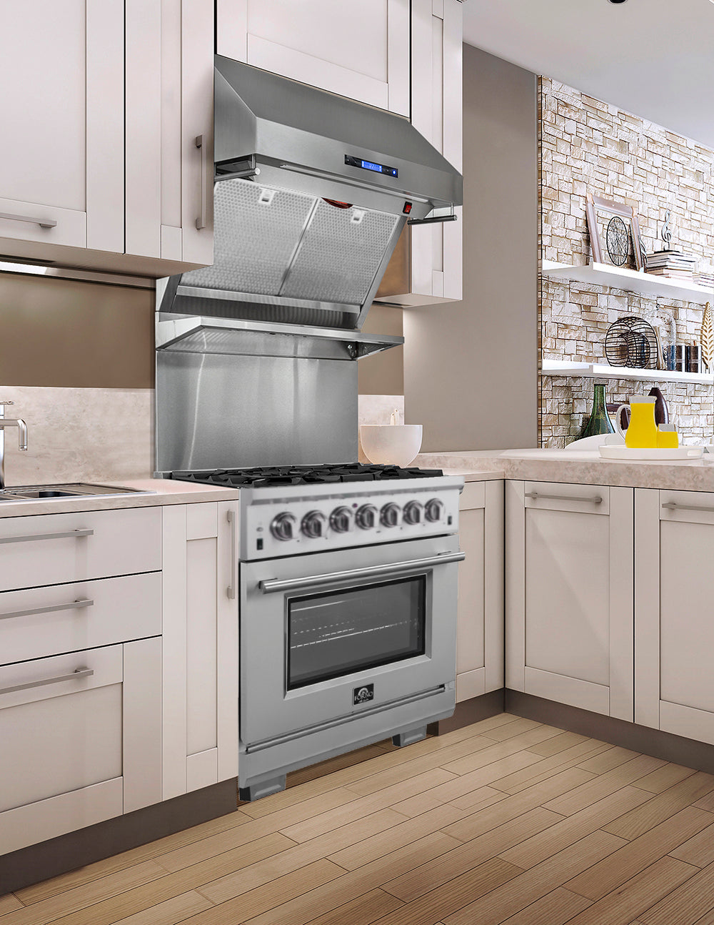 Forno Capriasca - Titanium 30 in. 4.53 cu. ft. Professional Freestanding Dual Fuel Range (FFSGS6187-30) Installed in a luxury kitchen