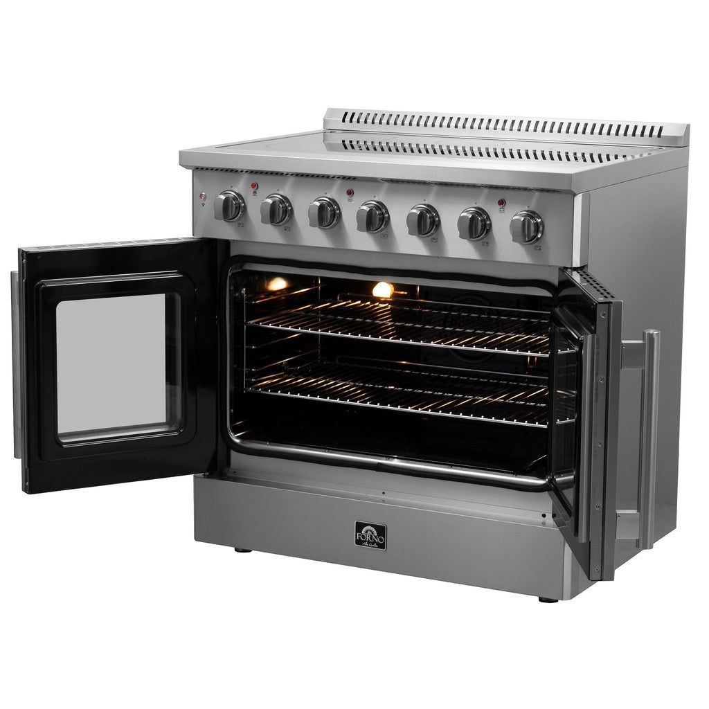Forno Galiano 36 in. 5.36 cu. ft. French Door Freestanding All Electric Range in Stainless Steel (FFSEL6917-36) side, oven doors open.