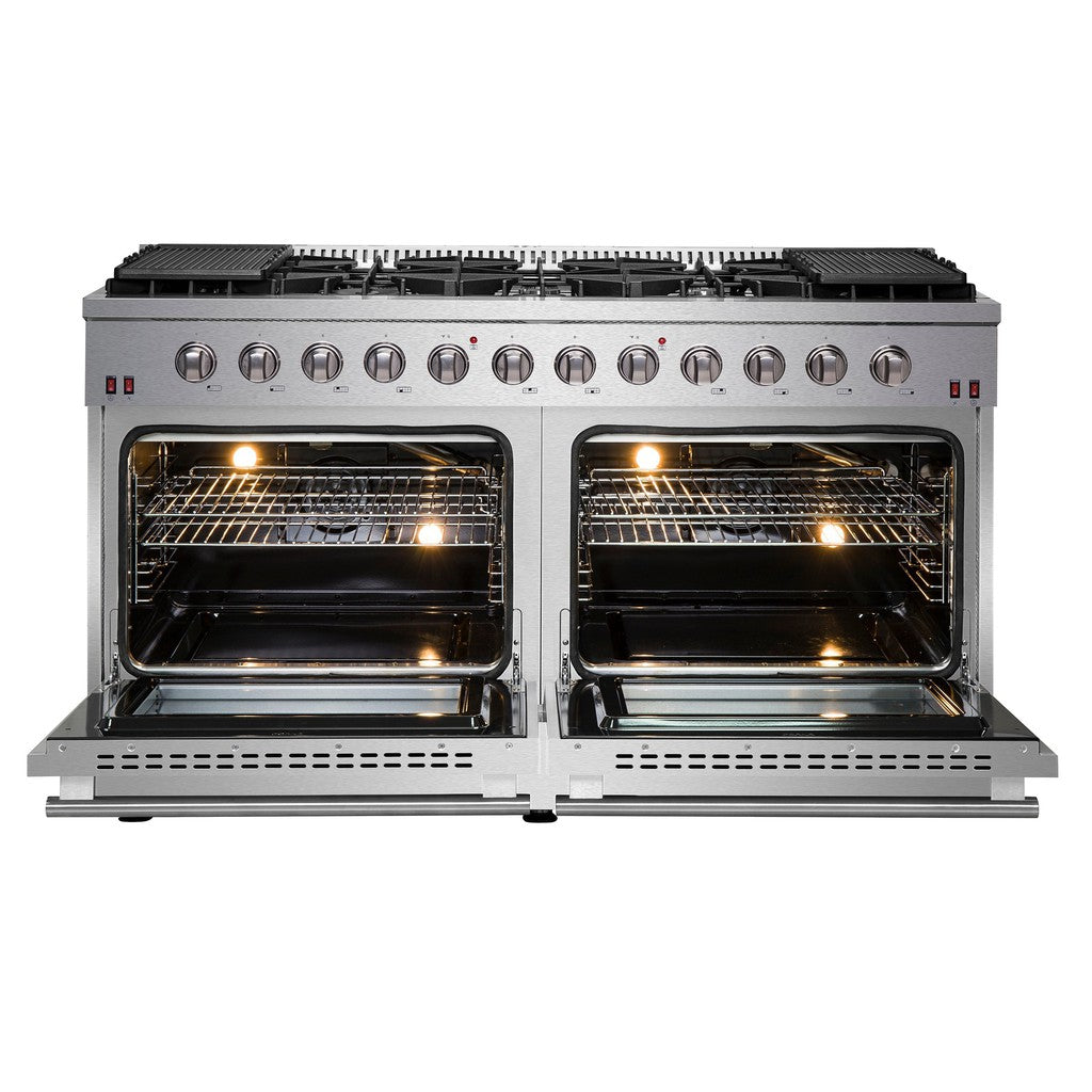Forno Galiano - 60 in. 6.58 cu. ft Gold Professional Freestanding Range with Gas Stove and Gas Oven in Stainless Steel (FFSGS6244-60) Front View Oven Doors Open