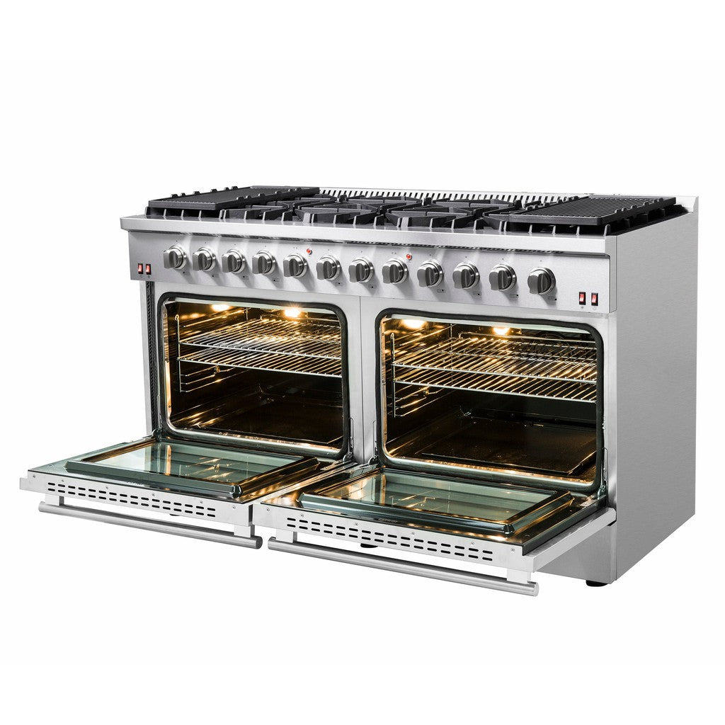 Forno Galiano - 60 in. 6.58 cu. ft Gold Professional Freestanding Range with Gas Stove and Gas Oven in Stainless Steel (FFSGS6244-60) Side View Oven Doors Open