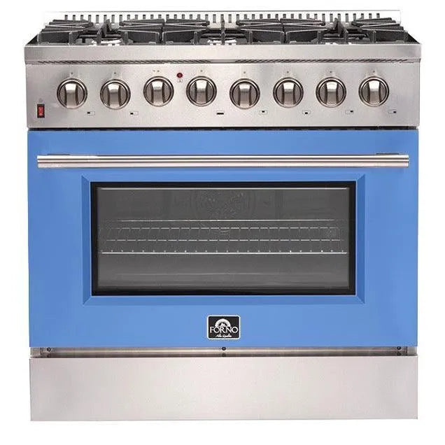 Forno Galiano Gold Professional - 36 in. 5.36 cu. ft. Freestanding Dual Fuel Range with Gas Stove and Electric Oven in Stainless Steel (FFSGS6156-36)-Blue Door