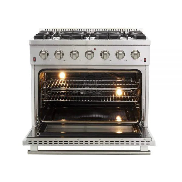 Forno Galiano Gold Professional - 36 inch 5.32 cu.ft. Freestanding All Gas Range (FFSGS6244-36) Front View Oven Door Open and Lights On