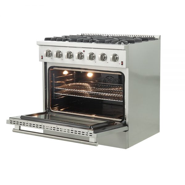 Forno Galiano Gold Professional - 36 inch 5.32 cu.ft. Freestanding All Gas Range (FFSGS6244-36) Side View Door Open and Oven Lights On