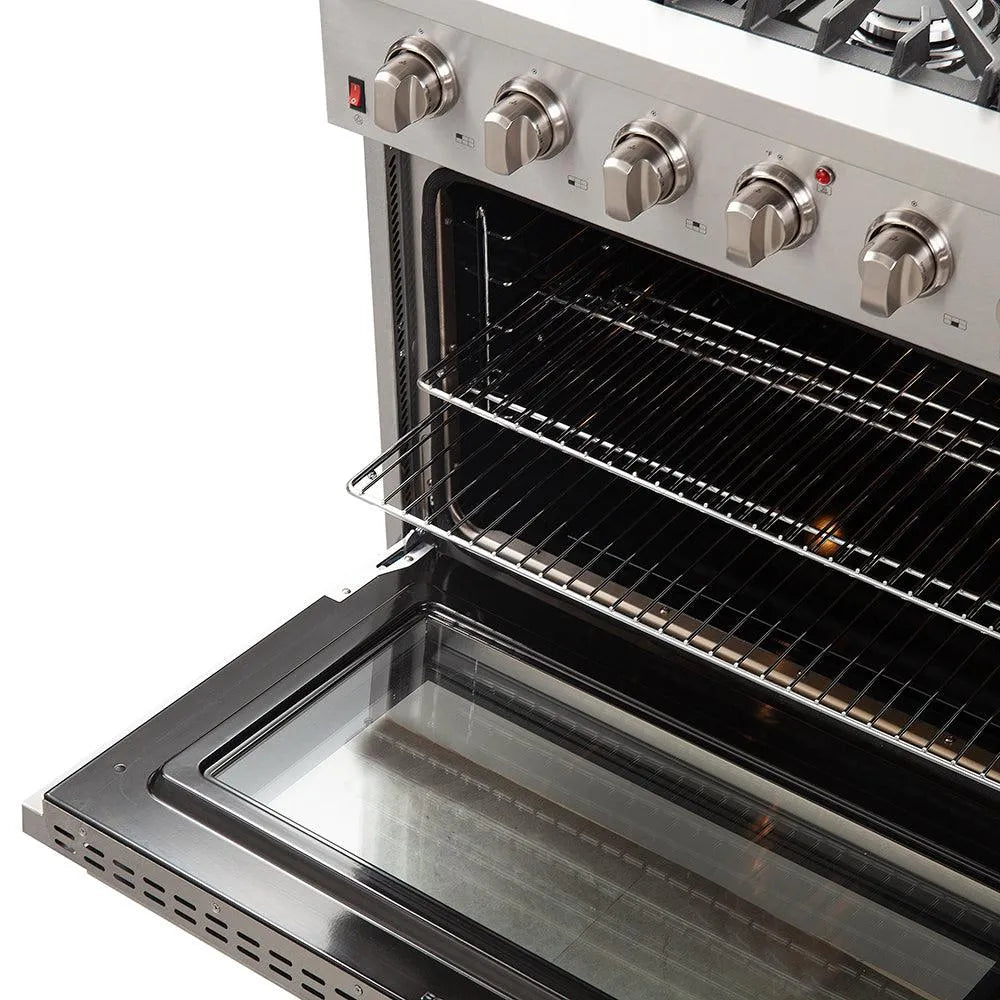 Forno Galiano Gold Professional - 36 inch 5.32 cu.ft. Freestanding All Gas Range (FFSGS6244-36) Side View Close Up Oven Door Open with Oven Racks Partially Extended