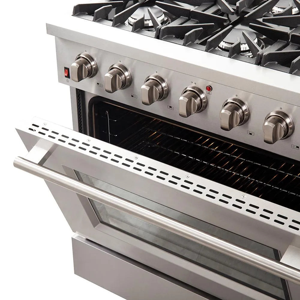 Forno Galiano Gold Professional - 36 inch 5.32 cu.ft. Freestanding All Gas Range (FFSGS6244-36) Side View Close Up Oven Door Cracked