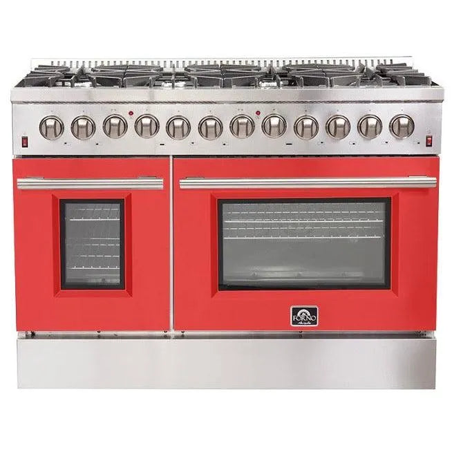 Forno Galiano Professional - 48 in. 6.58 cu. ft. Dual Fuel Range with Gas Stove and Electric Oven in Stainless Steel (FFSGS6156-48)-Red Door