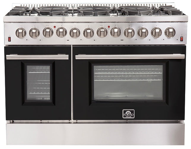 Forno Galiano Professional - 48 in. 6.58 cu. ft. Dual Fuel Range with Gas Stove and Electric Oven in Stainless Steel (FFSGS6156-48)-Black Door