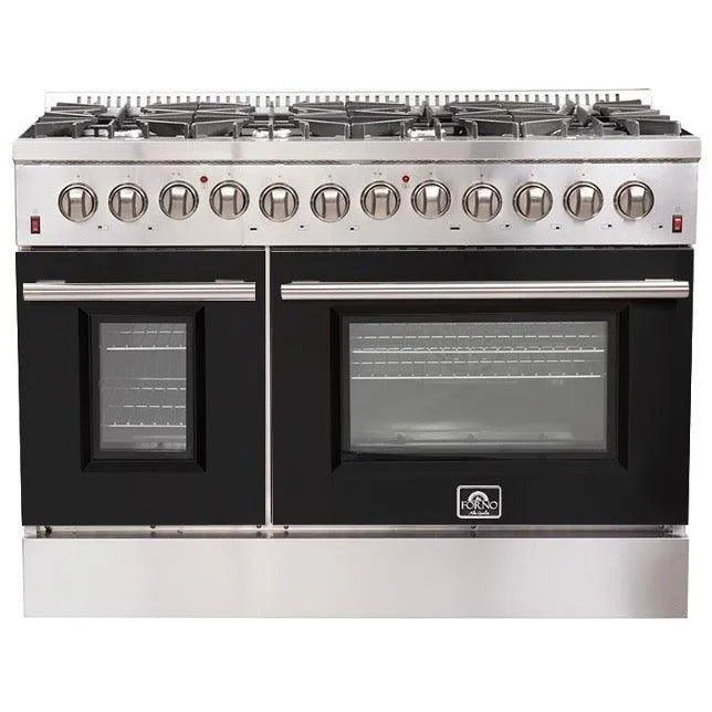 Forno Galiano Professional - 48 in. 6.58 cu. ft. Dual Fuel Range with Gas Stove and Electric Oven in Stainless Steel (FFSGS6156-48)-Black Door
