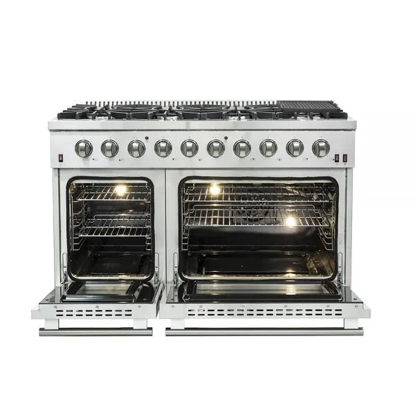 Forno Galiano Professional - 48 in. 6.58 cu. ft. Range with Gas Stove and Gas Oven in Stainless Steel (FFSGS6244-48) front, ovens open.