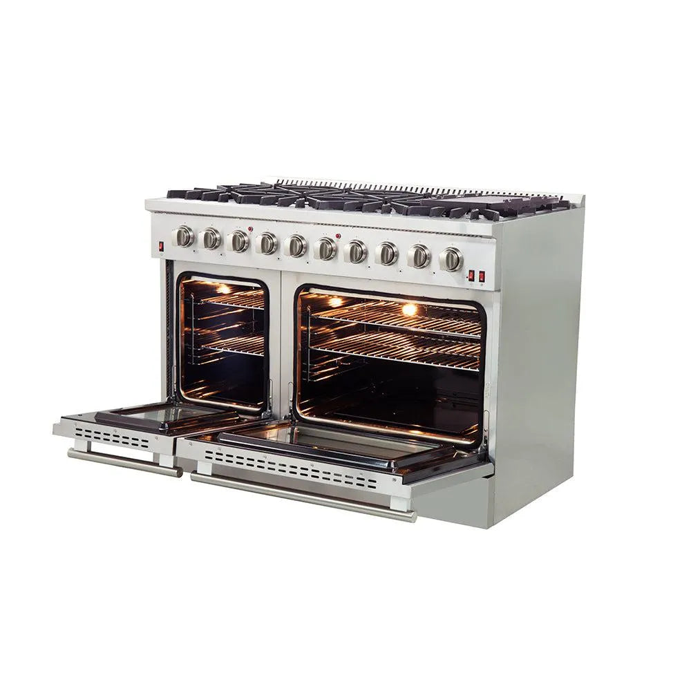 Forno Galiano Professional - 48 in. 6.58 cu. ft. Range with Gas Stove and Gas Oven in Stainless Steel (FFSGS6244-48) side, ovens open.
