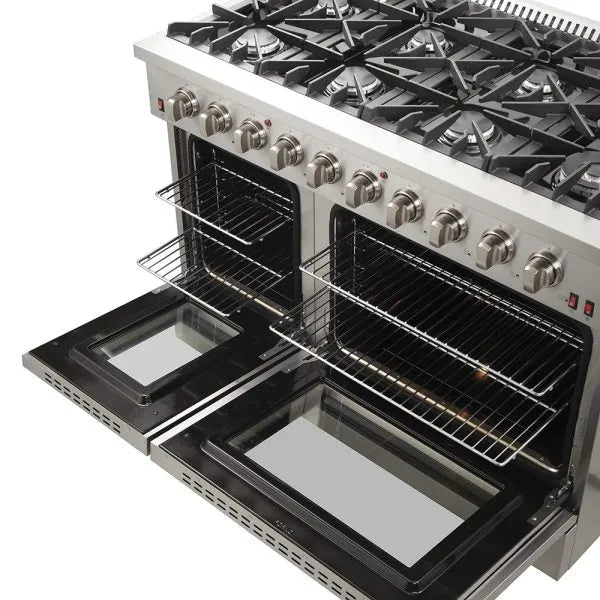 Forno Galiano Professional - 48 in. 6.58 cu. ft. Range with Gas Stove and Gas Oven in Stainless Steel (FFSGS6244-48) above, ovens open, racks extended.