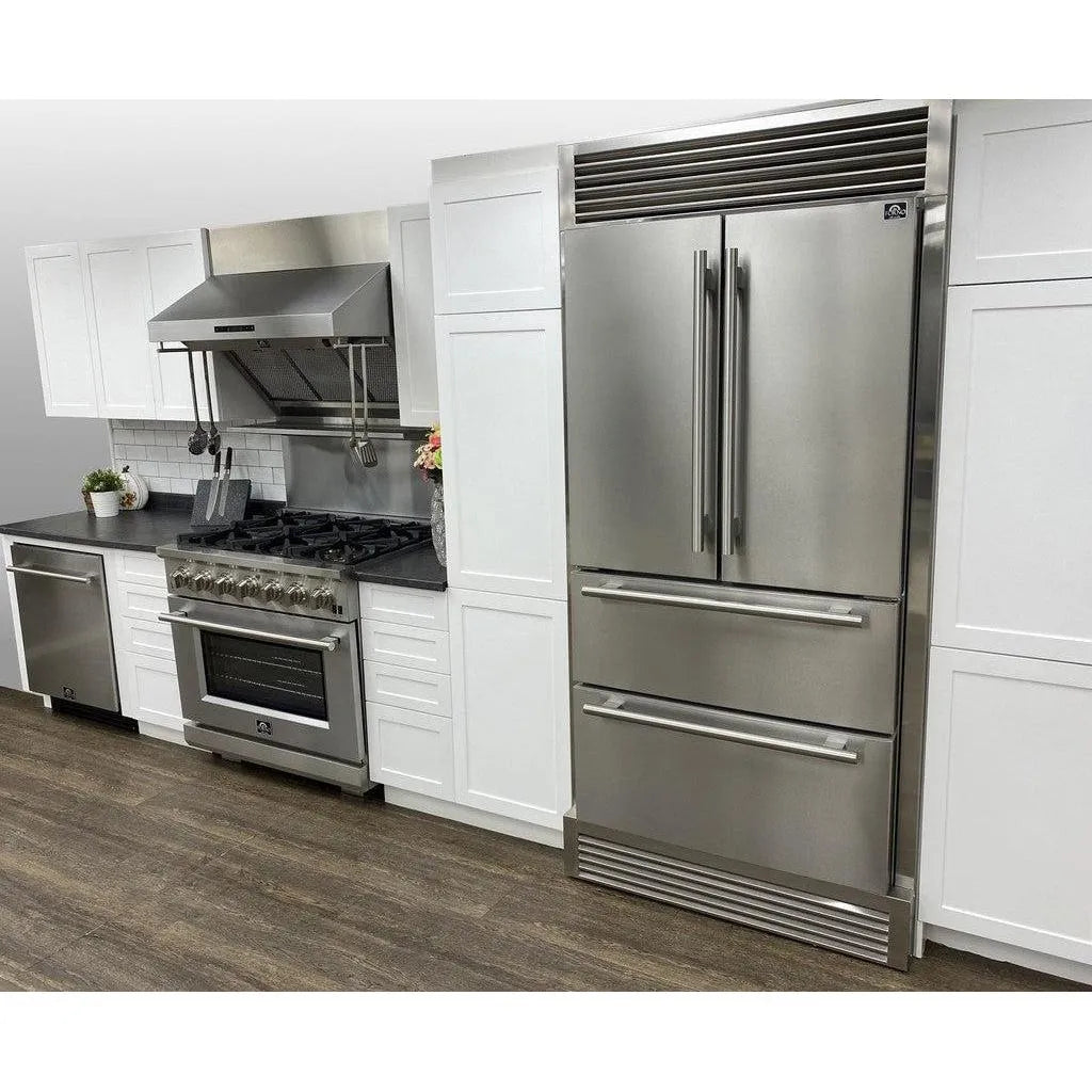 Forno Moena - 36 in. 19 cu. ft. French Door Counter Depth Refrigerator with Decorative Grill Trim Kit in Stainless Steel (FFRBI1820-40SG)-