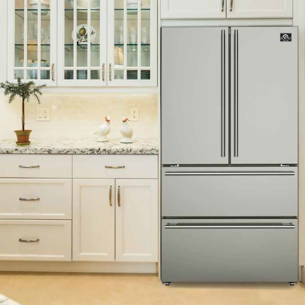  Forno Moena 36 in. French Door Counter Depth Refrigerator in Stainless Steel installed in luxury beach style kitchen with white and glass cabinetry